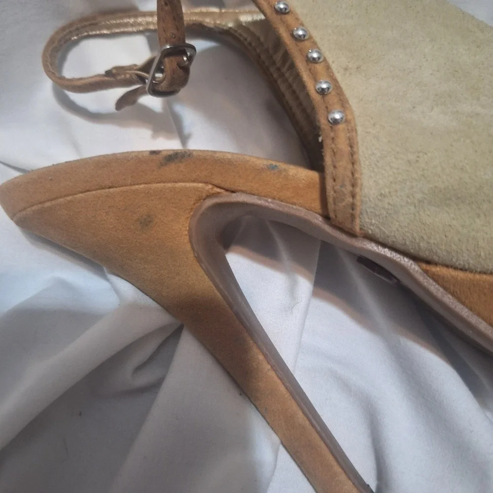 Promise Tan Suede Studded Platform Slingback Stiletto Heels Peep Toe Sandals 5.5